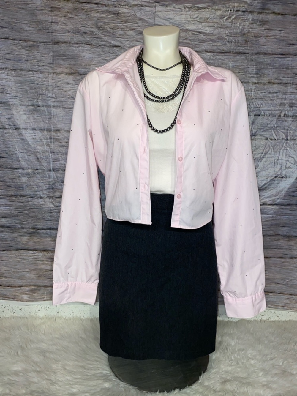 French Twist Pink Button-Down Cropped Shirt with Embellished Accents